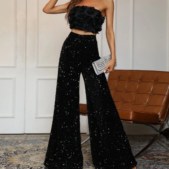 . Pants - Black Womens Tube Top & Sequin Pants Set